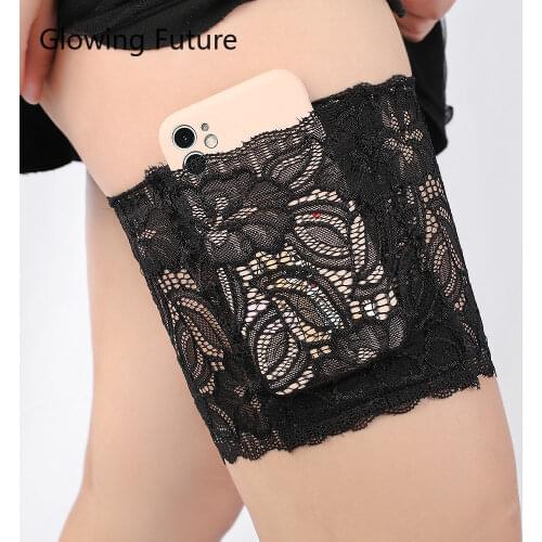 Glowing Future Sexy Lace Leg Warmer Socks Non-slip Silicone Mobile Phone Pocket Breathable Fashion Ladies Thigh Garter Socks
