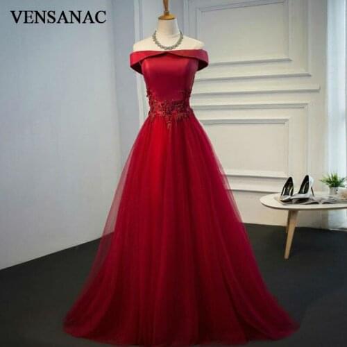 VENSANAC 2017 New A Line Lace Appliques Boat Neck Long Evening Dresses Short Sleeve Elegant Beadings Party Prom Gowns