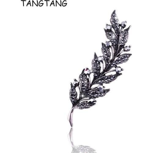 Vintage Winter Brooches For Women European Design Leaf with Full Black Rhinestone Charm Brooches Pin For Coat Suit Bijoux BH8380