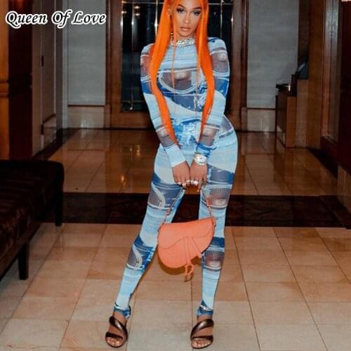 Sexy Mesh Pant Outfits 2021 New Autumn Winter Streetwear 2 Piece Women Bodysuit Shirt Tops And Footed Legging Suit Matching Set