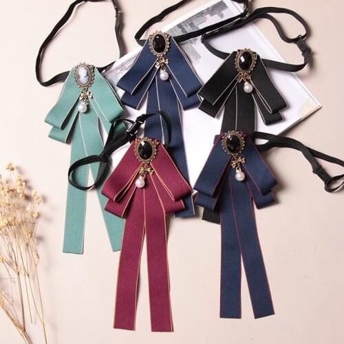 Female Vintage Large Bow Tie Necktie Crystal Tassel Ribbon Collar With Brooch Girls Elegant Costume Jewelry Collar Pin Accessary