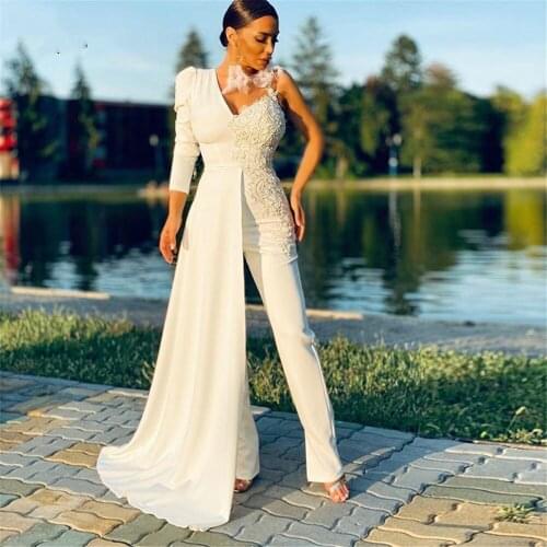 Ivory One Shoulder Evening Jumpsuit Dress Three Quarter Sleeve Appliques Lace Formal Evening Party Cape Dresses