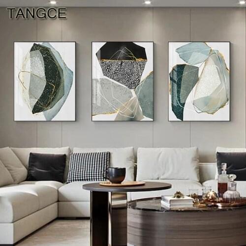 Abstract Modern Canvas Painting Gold Lines Posters Ans Prints Green Grey Wall Pictures for Living Room Bedroom Fashion Wall Art