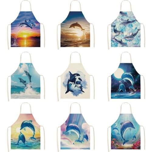 Dolphin Series Priinting Women Kitchen Aprons Waterproof Cooking oil-proof Cotton Linen Antifouling Chef Apron 68*55cm 0155
