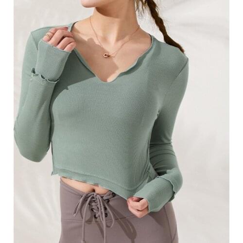 Sexy Beautiful Back Cross Sports T-Shirt Womens Tight Long-Sleeve Yoga Clothes Stretch Quick-Drying Running V-Neck Fitness Top