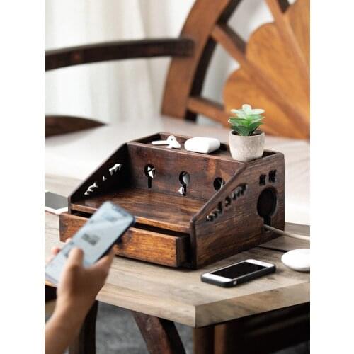 Classic distressed multifunctional desktop wooden organize storage box Retro power cord keeps tidy storage boxs