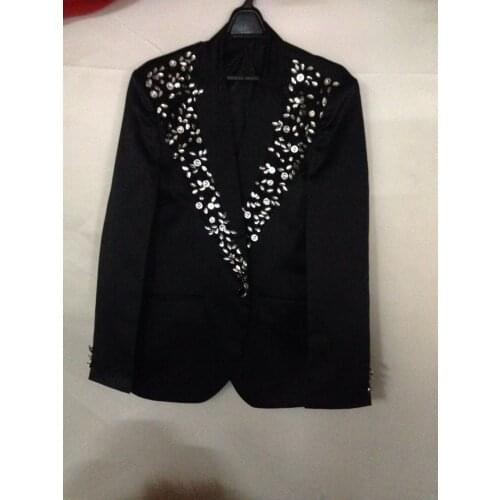 Free ship 100%real mens black lace embroidery rhinestone beading tuxedo jacket/event/stage performance/can customs size