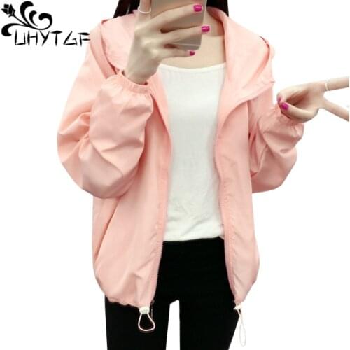 UHYTGF Summer Coat Women Fashion Hooded Sun Protection Clothing Coat Elegant Student Loose Plus Size Jacket Casual Thin Tops 968
