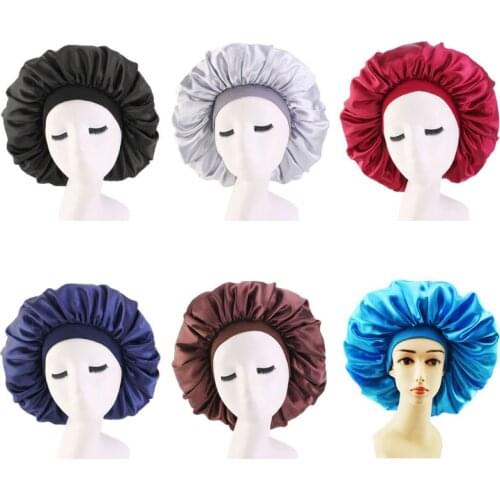 Fashion Lady Sleep Hat Oversize Satin Nightcap Elastic Band Simulation Silk Satin Solid Color Hair Care Cap