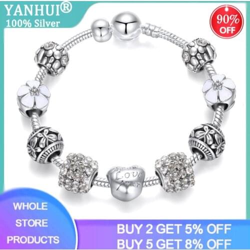 YANHUI New Design Silver Charm Bracelet White Heart/Flower Pattern Crystal Beads Bracelet Fashion Jewelry Gift for Women Girl
