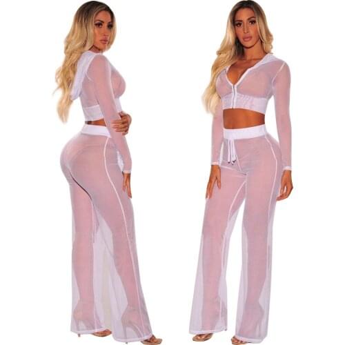 Transparent Mesh Sexy 2 Piece Pants Set Women Hoodie Crop Top and Wide Leg Trousers Matching See Through Club Outfit Black Suit