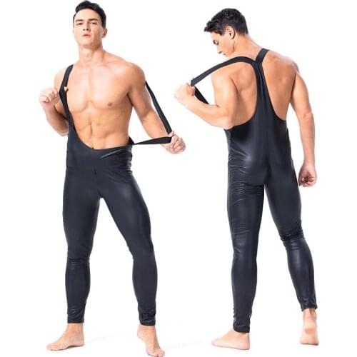 Plus Size Sexy Leather Jumpsuits Teddies Lingerie Erotic Gay Mens Bodysuit Double Zipper Open Crotch Bodywear Male Underwear