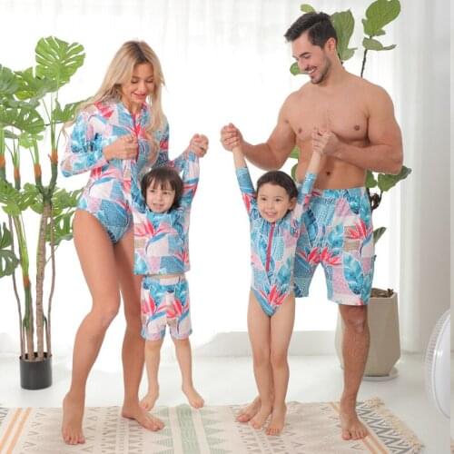Family Matching Swimsuit Set Print Zipper One-piece Bodysuit for Women Baby Girl Men Beach Pants Sun Protection Skin Clothing