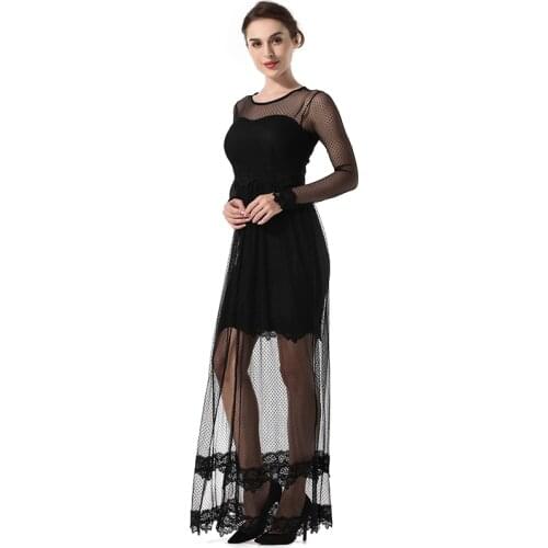 Mesh stitching lace hollow female split round necklace dress women dresses