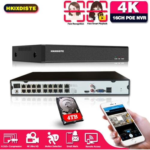 4K 16CH Ultra HD POE NVR Video Recorder Onvif H.265 48V IP Camera CCTV System P2P Network Security Surveillance Camera