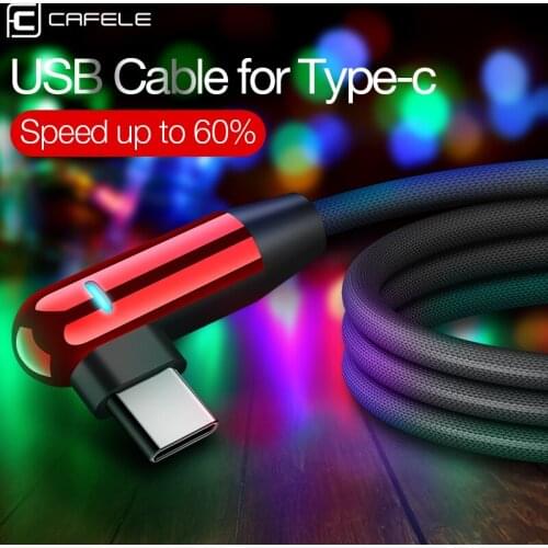 CAFELE Dual L Bend Type C USB Cable for Samsung Xiaomi Elbow USB Charging Cable with LED Light For Huawei P30 Mate 30 Pro