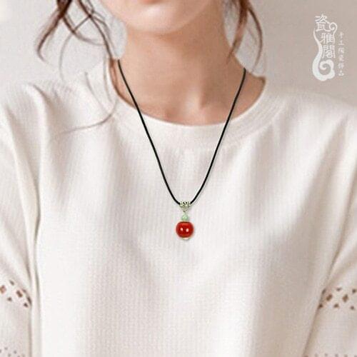 Korean Simple National Wind Neck Chain Short Clavicle Ceramic Beads Necklace Jingdezhen With Jewelry Pendant Female