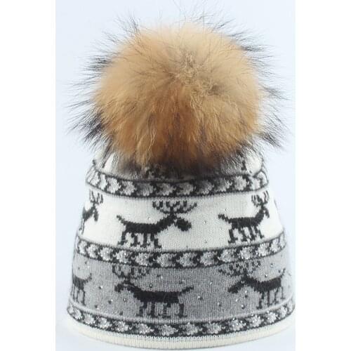 Angora Knit Hat Women Winter Autumn Warm Real raccoon Fur Pompom Animal Deer Jacquard Beanie Skiing Outdoor Accessory Gift