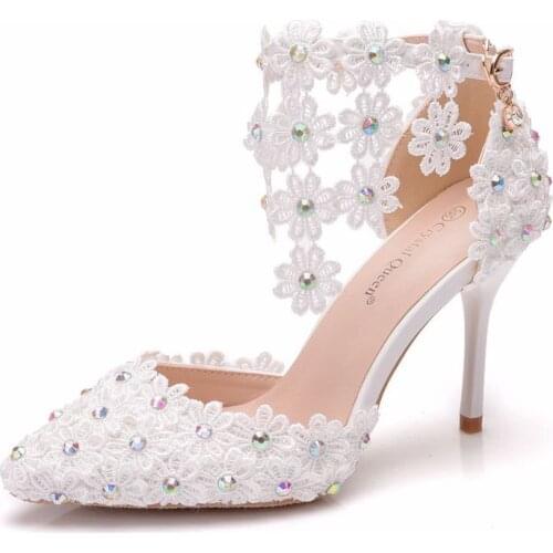 Women sandals wedding Party Lace PU Rhinestones Buckle Strap 9CM Thin High heels Pointed Toe sandal for women shoes size 35-42