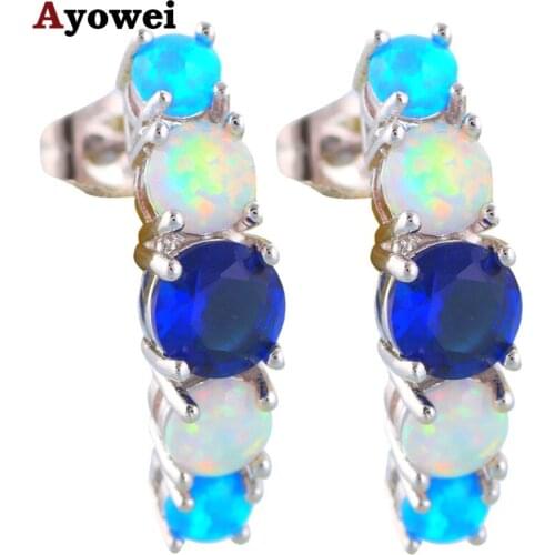 Zircon Jewelry for women round style Blue & White Fire Opal Silver Stamped Dangle Earrings Fashion Jewelry Opal Jewelry OE335A