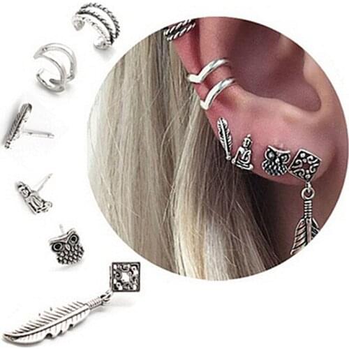 6 Pcs/set Bohemian Retro Style Crown Droplets Chain Fashion Earrings For Women Ear Cuff Set Feather Leaf Owl Earrings Brincos