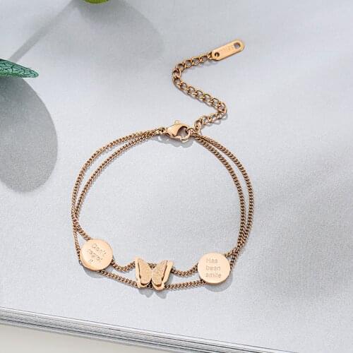 Trendy Lettering Tag Butterfly Stainless Steel Women Bracelets Female Fashion Double Layer Chain Bracelet Ladies Charm Jewelry