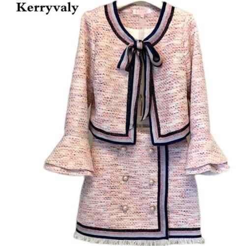 High-end Autumn Small Fragrant Wind Bow French Jacket + Pink Half Skirt Fashion Women Two Piece Outfits Lounge Wear K9533