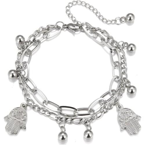 2021 Fashion Charm Stainless Steel Tree Bead Braided Chain Bracelet Retro Titanium Steel Palm Multilayer Cuff Bracelet for Women