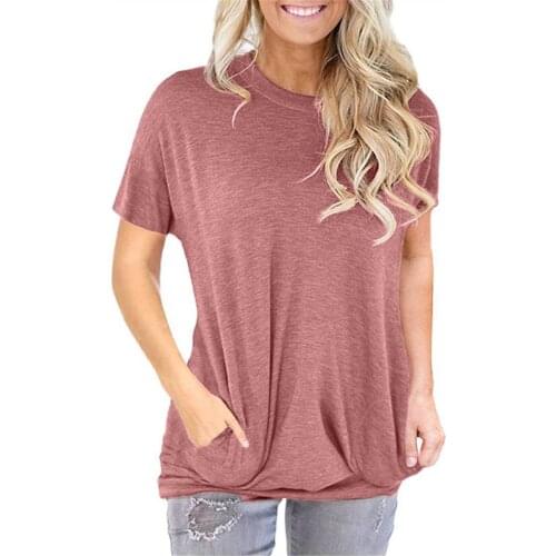 Womens Casual Bat Sleeve Top Solid Color Loose Round Neck Short Sleeve T-shirt With Pocket Top Short Sleeve Casual Sweatshirt