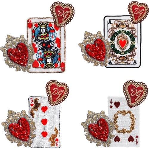 1set/3pc Rectangular Badge Embroidery Sequin Poker Beaded Playing Card Heart Applique Paillette Game Patches for Clothing