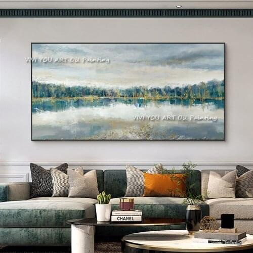 100% Handmade New Large Oil Painting Modern Abstract Blue Gold Foil Lake Painted By Skill Artist Home Decor For Living Room Gift