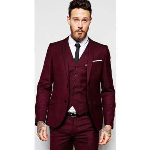 2017 Latest Coat Pant Designs Burgundy Men Suit Slim Fit Groom Style Suits Tuxedo 3 Piece Prom Blazer Masculino Jacket+Pant+Vest