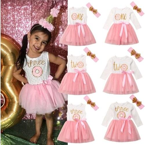 2019 Stylish Newborn Baby Girls Dress Princess My 1st Birthday Party Donut Letters Tutu Tulle Dresses Headband Outfit Vestidos