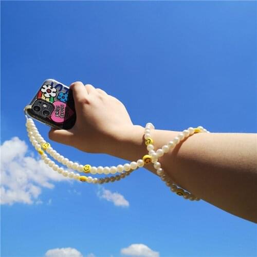 2021 New ins fashion Acrylic Pearl Soft Pottery Cartoon Face Anti-lost long Mobile Phone Strap Cord for Women girls Accessories