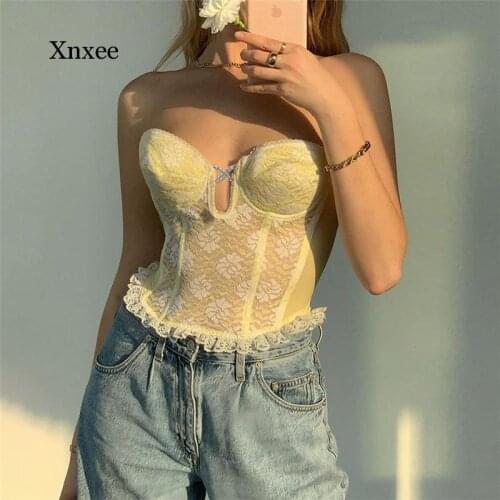 2021 Sexy Ruffle Lace Mesh Corset Sheer Cropped Tops Off Shoulder for Women Backless Party Y2K Tee Fashion E-Girl Clothing Vest