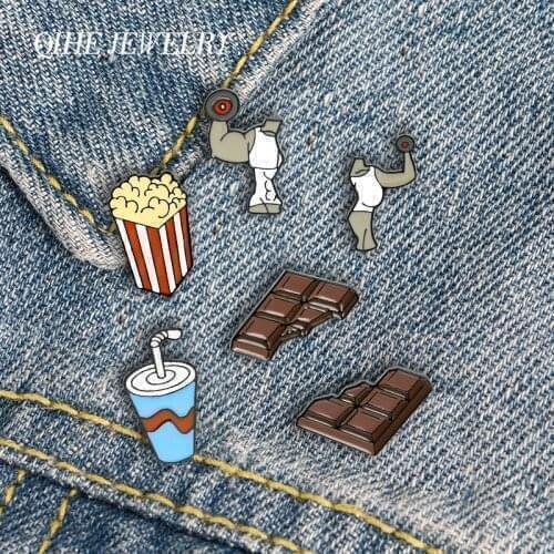 QIHE Jewelry Fitness Exercise Enamel Pins Biceps Cola Popcorn Chocolate Brooches Badges Fashion Pin Gifts for Friends Wholesale