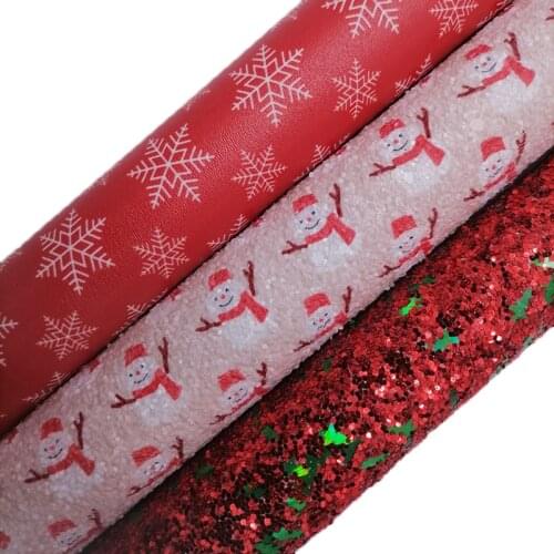 Red Glitter leather with Christmas Trees, Snowman Snowflakes Printed synthetic Faux Leather Sheets For Bows DIY 21x29CM KM710