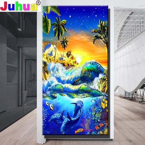 Big Size Sunset Sea Dolphins mosaic 5d diy diamond painting cross stitch full square/round rhinestone embroidery kits F123