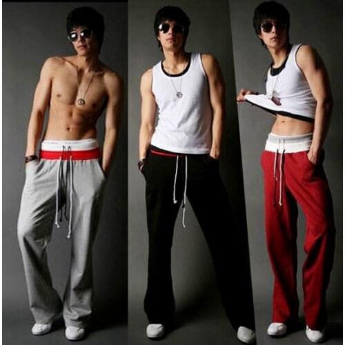 Mens sports double waist lace-up pants solid color casual wide leg pants student running pants