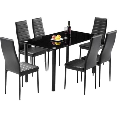 Dining Table Set Simple Round Tube Table Leg Table + 6pcs Elegant Stripping Texture High Backrest Dining Chairs Black[US-Stock]