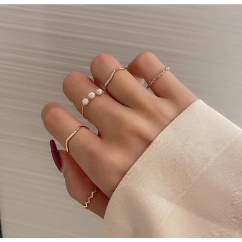 5Pcs/Set Fashion Imitation Pearl Rings for Women Gold Color Round Wave Geometric Open Finger Rings Set Wedding Party Jewelry