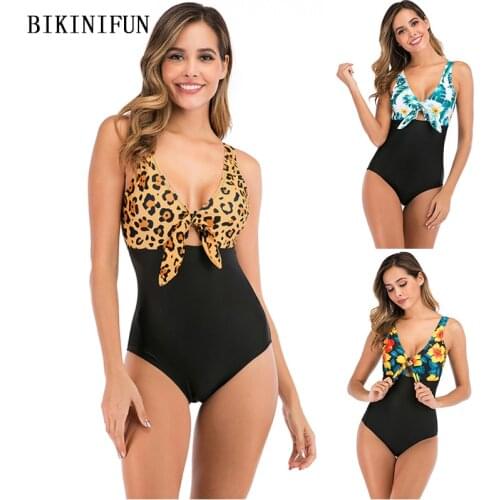 2020 New Leopard Swimsuit Women Front Cutout Monokini Floral Patchwork Swimwear S-2XL Girl Backless Bathing Suit One Piece Suit