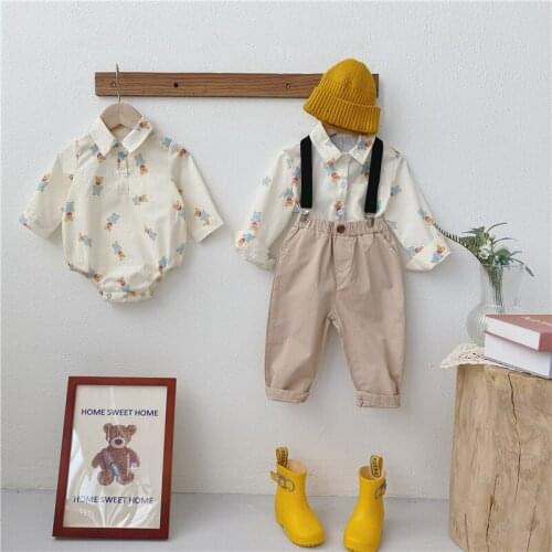 Brothers Wear 2021 Autumn Clothes New Korean Boy Cute Bear Long-sleeved Shirt +Boys Romper Baby Cardigan blouses tops