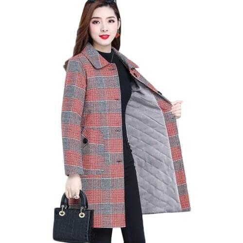 Autumn Winter Womens Woolen Coat New Fashion Plaid Mid Long Outerwear Plus Size 5XL Wool Jacket Female Single Breasted Tops 664
