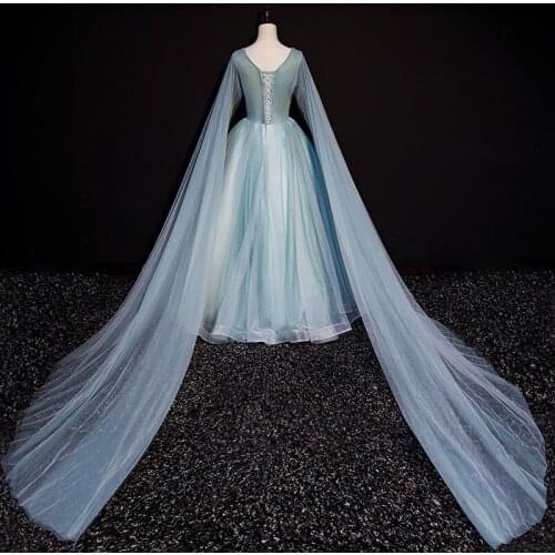 Luxury embroidery beading long shoulder veil princess fairy ball gown opera medieval Renaissance Victoria dress ball gown