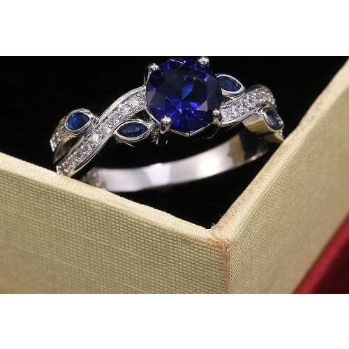 Luxury Silver Color Round Cut Blue Gems Ring Womens Ring for Cocktail Party Eternal Crystal Ring Wedding Jewelry Lovers Gifts