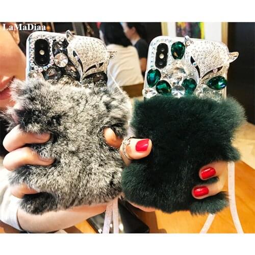Luxury 3D Bling Diamond Soft Fur Case Fox Head Phone Case For iPhone 12 11 Pro Max X XS MAX XR 6 6S 7 8 Plus High Quality Cover