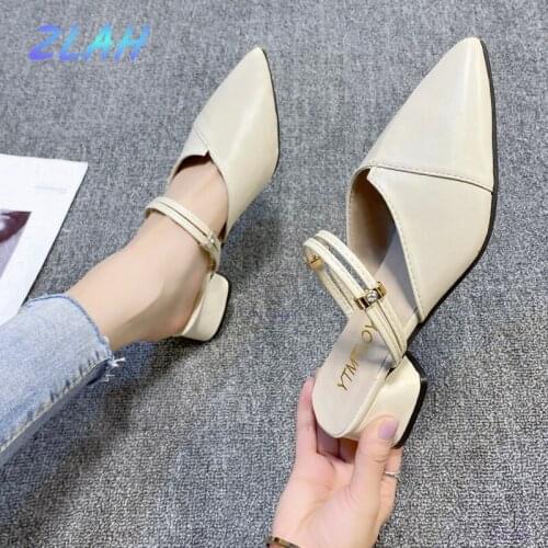 Womens PU Leather Womens Sandals Zlah Summer Shoes Women Fashion Pointed Toe Square Heel Sandals Women Slip-on Casual Slippers