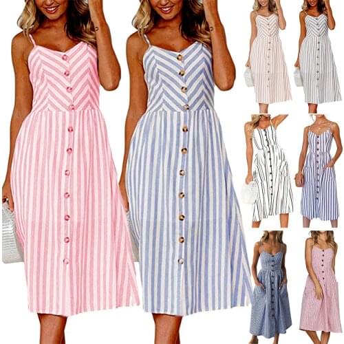 Vintage Casual Sundress Female Beach Dress Midi Button Backless Polka Dot Striped Women Dress Summer 2021 Boho Sexy Floral Dress