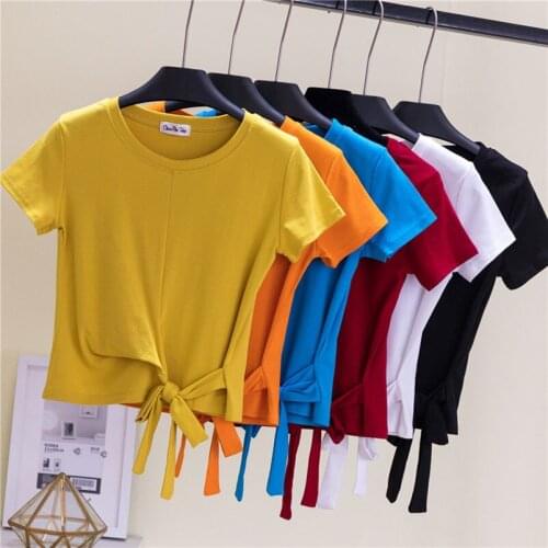 Sexy Lace Up Short T Shirt Women Clothes High Waist Cropped Tshirt Summer O Neck Slim Solid T Shirt Casual Tee Shirt Femme